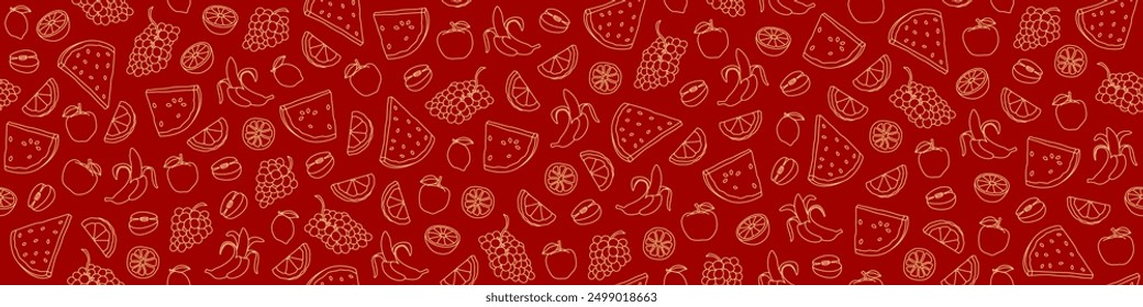 Seamless background with contour drawings of fruits. Endless background with drawings of apples, grapes, oranges, watermelon slices, lemons and bananas. Line drawings. Summer vector banner