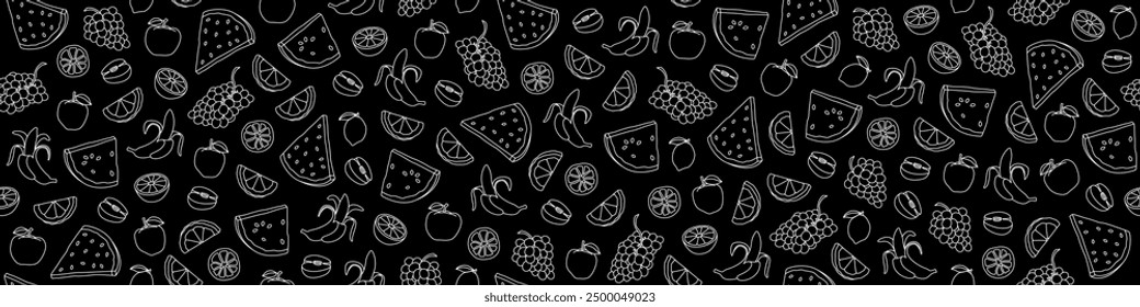 Seamless background with contour drawings of fruits. Endless background with drawings of apples, grapes, oranges, watermelon slices, lemons and bananas. Line drawings. Summer vector banner