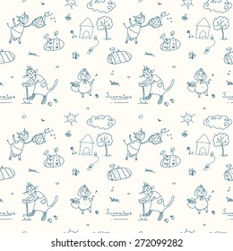 Seamless background with contour drawings. Summertime, farming. Funny animals in the garden.