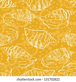 Seamless background, contour marine seashells and flowers. Vector