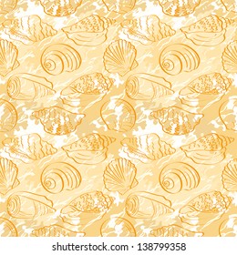 Seamless background, contour marine seashells and abstract pattern. Vector