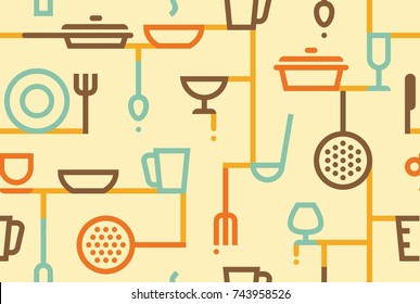 Seamless background of cookery, kitchen utensils and cutlery