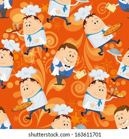 Seamless background with cooks with dishes and waiters with menu, cartoon characters on orange background with abstract patterns. Eps10, contains transparencies. Vector