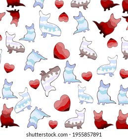Seamless background with corgi puppy silhouettes and hearts.