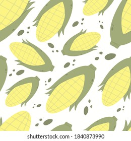 Seamless background with corn in cartoon style on white. Vegetable pattern. Vector. Wrapping paper, wallpaper. Organic food