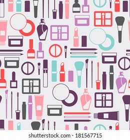 Seamless background with cosmetics icons.