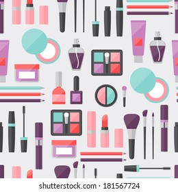 Seamless background with cosmetics icons.