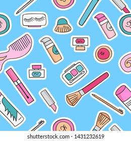 Seamless background cosmetics. Makeup cosmetics tools and beauty cosmetics. Seamless background. Freehand drawing
