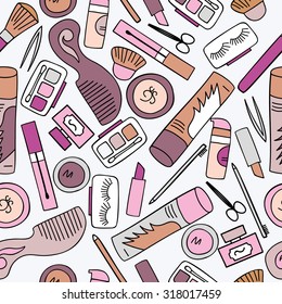 Seamless background cosmetics. Makeup cosmetics tools and beauty cosmetics. Seamless background. Freehand drawing