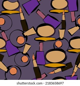 Seamless Background With Cosmetics. Pattern With Lipstick, Perfume, Powder.
