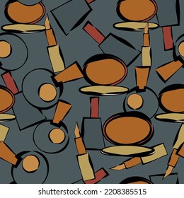 Seamless Background With Cosmetics. Pattern With Lipstick, Perfume, Powder.