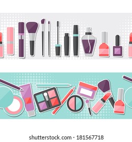 Seamless background with cosmetics sticker icons.