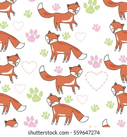Seamless background with couple of foxes in love with some elements on white