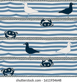 seamless background with crab and gull,  marinе vector design