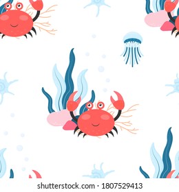 Seamless background with crab. Vector color children's repeating simple pattern with crab jellyfish and plants on a white background. Cartoon underwater world. Sea-ocean.