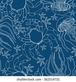 seamless background with crabs, jellyfishes and sea stars.