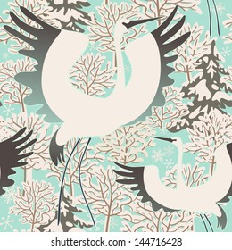 Seamless background with cranes in a snowy forest. Vector pattern