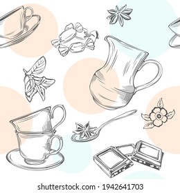 Nahtloser Hintergrund mit Creme, Tasse mit Teelöffel, Scheiben von Schokolade, Minze und Anis im Vintage-Stil. Vektorbild