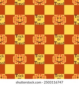 Seamless background created by many pumpkins and texts in pixel art style