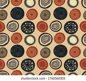 Seamless background with creative geometric shapes, circles. Abstract geometric pattern in a vintage color palette (beige, brown, orange). Vector illustration for fabrics, interior design, covers...