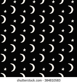 Seamless background. Crescent moon and star pattern. 