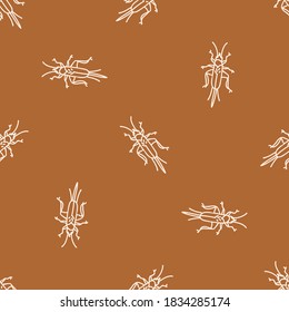 Seamless background cricket insect gender neutral pattern. Whimsical minimal earthy 2 tone color. Kids nursert wallpaper or boho cartoon bug fashion all over print. 