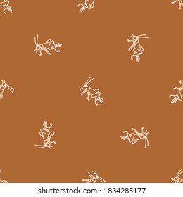 Seamless background cricket insect gender neutral pattern. Whimsical minimal earthy 2 tone color. Kids nursert wallpaper or boho cartoon bug fashion all over print. 