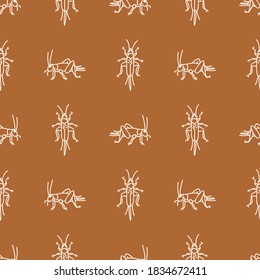 Seamless background cricket insect gender neutral pattern. Whimsical minimal earthy 2 tone color. Kids nursert wallpaper or boho cartoon bug fashion all over print. 