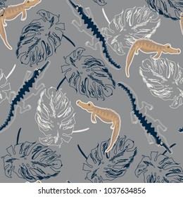 seamless background with crocodile and leaves