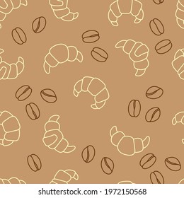 Seamless background. Croissants and coffee beans. Vector illustration for packaging, cafe or bakery.