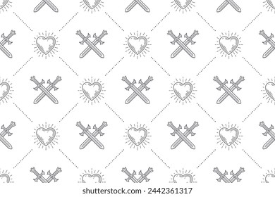 Seamless background with crossed swords and sunburst heart - pattern for wallpaper, wrapping paper, book flyleaf, envelope inside, etc. Vector illustration.