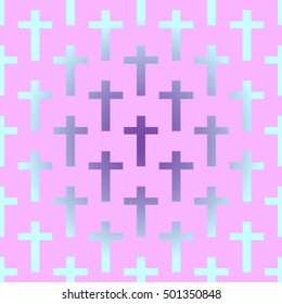 Seamless background with crosses in the style of pastel goth in pink and purple tones.