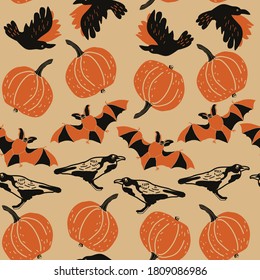 seamless background with crow, bat, pumpkin, vector design for paper, fabric.