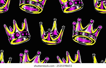 Seamless background with crowns with halftone effect in retro collage style. Crowns cut out of paper and painted with pencils and markers in bright neon colors. Punk background design.