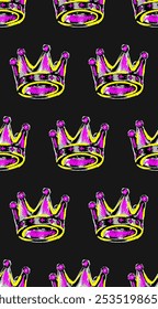 Seamless background with crowns with halftone effect in retro collage style. Crowns cut out of paper and painted with pencils and markers in bright neon colors. Punk background design.