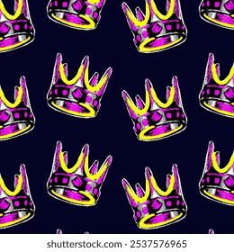 Seamless background with crowns with halftone effect in retro collage style. Crowns cut out of paper and painted with pencils and markers in bright neon colors. Punk background design.