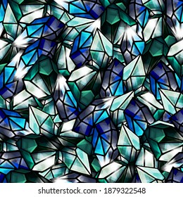 Seamless background of crystals, blue, crystal, cartoon style, mountain gems, gems, glitter, shine, reflection, cloth, gift paper, wrapper, wallpaper, magic, mystic, cave, minerals, diamond, twinkle
