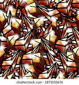Seamless background of crystals, orange, crystal, cartoon style, mountain gems, gems, glitter, shine, reflection, cloth, gift paper, wrapper, wallpaper, magic, mystic, cave, minerals, diamond, twinkle
