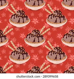 Seamless Background, Cup with Chocolate Ice Cream, Waffles and Almond Nuts on Abstract Floral Pattern. Eps10, Contains Transparencies. Vector