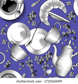 Seamless background with a cup of hot drink, coffee beans, coffee spoon, coffee pot. Hand drawn engraving style illustrations. Vector illustration.