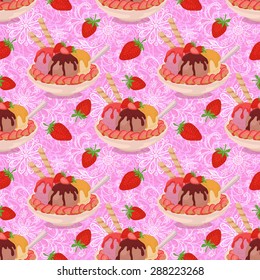 Seamless Background, Cup with Ice Cream, Strawberries, Waffles, Spoons and Nuts on Abstract Floral Pattern. Eps10, Contains Transparencies. Vector