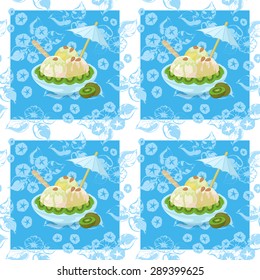 Seamless Background, Cup with Ice Cream, Kiwi Fruit, Waffles, Umbrellas and Almond Nuts on Abstract Blue Floral Pattern with a White Square Frames. Eps10, Contains Transparencies. Vector