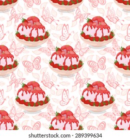 Seamless Background, Cup with Ice Cream, Strawberries, Rose Syrup and Nuts on Pattern with Butterflies and Leaves Contours. Eps10, Contains Transparencies. Vector