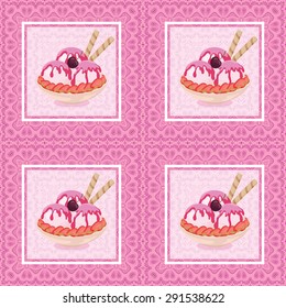 Seamless Background, Cup with Ice Cream, Strawberries, Cherries, Waffles and Almond Nuts on Abstract Floral Pattern with a White Square Frames. Eps10, Contains Transparencies. Vector