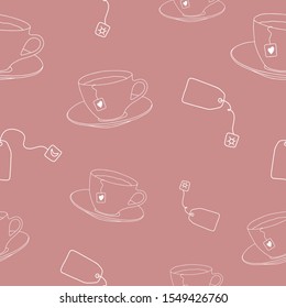 Seamless background with cup of tea with saucer and tea bags. Perfect for home textiles, fabrics, decorations and other interior solutions. 