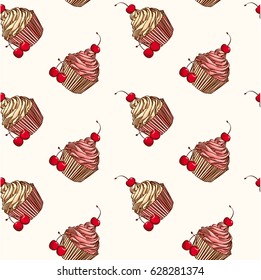 Seamless background with cupcakes and cherries hand-drawn. Cute food background in retro style.