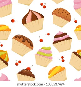 Seamless background with cupcakes and cherries isolated on white background, illustration.