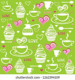 Seamless background with cupcakes and cups. Vintage restaurant menu. Food and drink seamless doodles pattern.  Vegetarian cafe. Vector illustration.