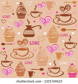 Seamless background with cupcakes and cups. Vintage restaurant menu. Food and drink seamless doodles pattern.  Vegetarian cafe. Vector illustration