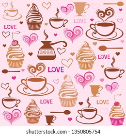 Seamless background with cupcakes and cups. Vintage restaurant menu. Food and drink seamless doodles pattern.  Vegetarian cafe. Vector illustration